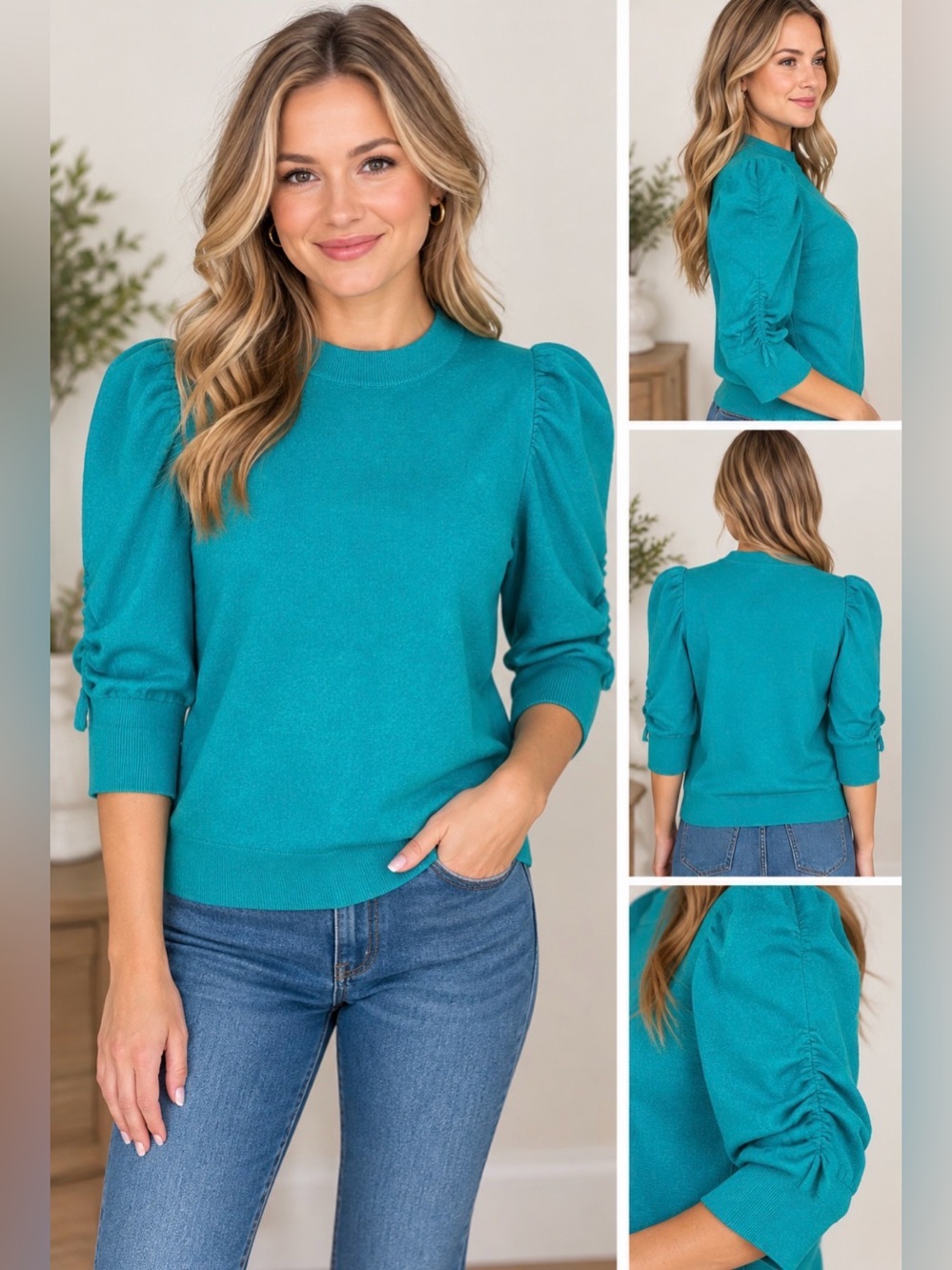 Esqualo Women’s Puff Sleeve peacock blue 3/4 Sweater